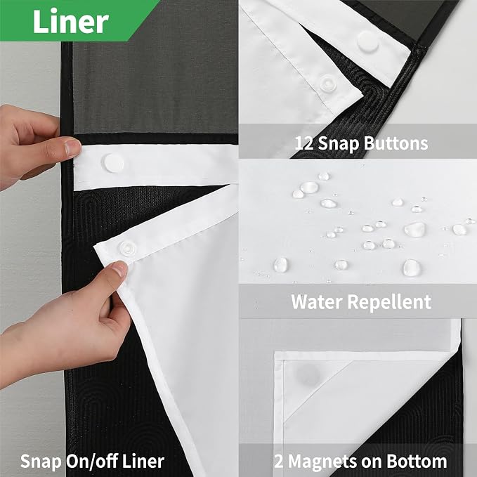 eachope No Hook Boho Arch Shower Curtain with Snap-in Liner Set,71x80,Black | 230GSM Thick Fabric,Easy to Install,Sheer Window,Magnetic Weighted Hem,Waterproof & Machine Washable,for Bathroom,Hotel