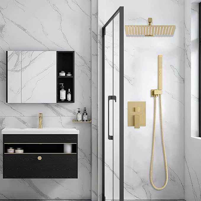 RUMOSE Brushed Gold Rainfall Shower System 12 Inch High Pressure Square Shower Head with 2 in 1 Handheld Spray Wall Mount Brass Bathroom Shower Faucet Set with cUPC Certified Rough-in Valve