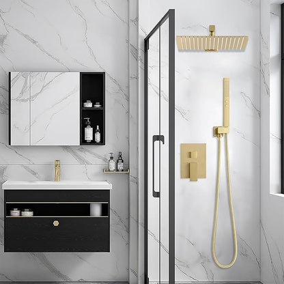 RUMOSE Brushed Gold Rainfall Shower System 12 Inch High Pressure Square Shower Head with 2 in 1 Handheld Spray Wall Mount Brass Bathroom Shower Faucet Set with cUPC Certified Rough-in Valve