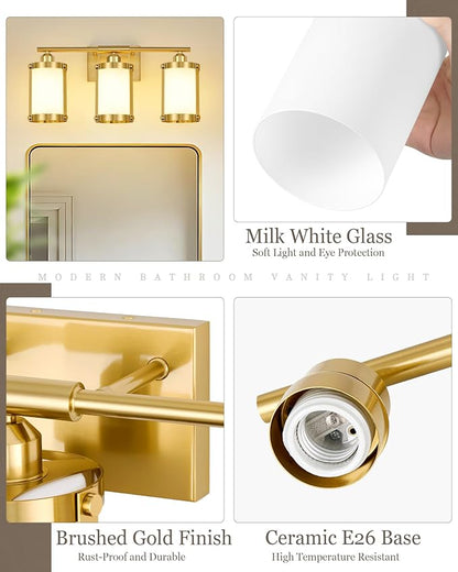 3-Light Brushed Gold Bathroom Light Fixtures with Milk Frosted Glass, 21" Modern Bathroom Vanity Lighting Fixtures Over Mirror with Metal Cage, Wall Sconce Lights for Bath, E26, OS-3014BGW-3W
