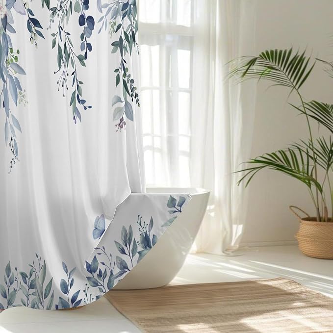 Blue Floral Eucalyptus Shower Curtain with Hooks, 72x78 Inch | Waterproof Fabric, Watercolor Leaves and Floral, Botanical Style, Machine Washable, Quick-Drying, for Hotel Bathroom