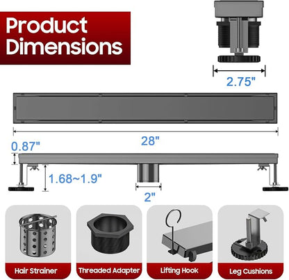 DLONE® Linear Shower Drain - 28 Inch Gun Gray, with Tile Insert Panel | AISI 304 Stainless Steel Linear Drain, Rectangle Shower Floor Drain, with Adjustable Feet, Fits Bathroom & Balcony etc