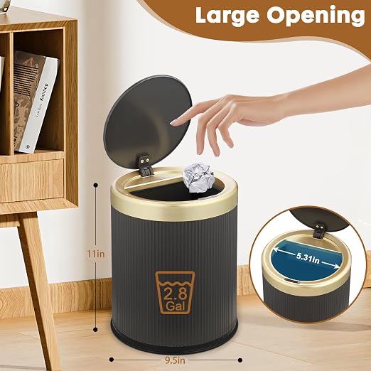 Automatic Bathroom Trash Can with Lid,Small Wastebasket Gold Black | 2.8 Gallon Motion Sensor Trash can,Touchless Diaper Trash Bin,Smart Mini Garbage Can for Bathroom, Kitche,Bedroom,Dorm