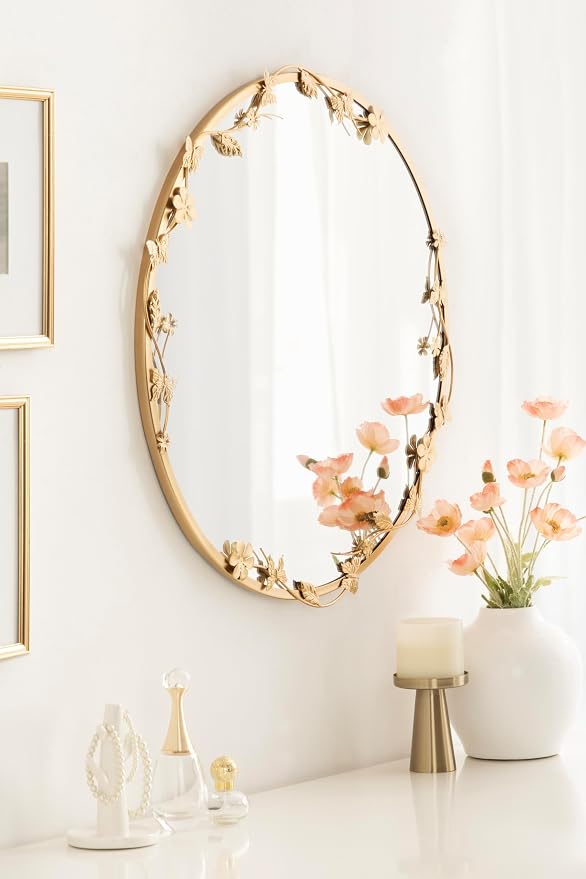 Kate and Laurel Rosella Modern Ornate Round Wall Mirror, 26 Inch Diameter, Gold, Circle Mirror with Floral Detailing for Use as Bathroom Mirror for Over Sink or Cute Dorm Room Decor