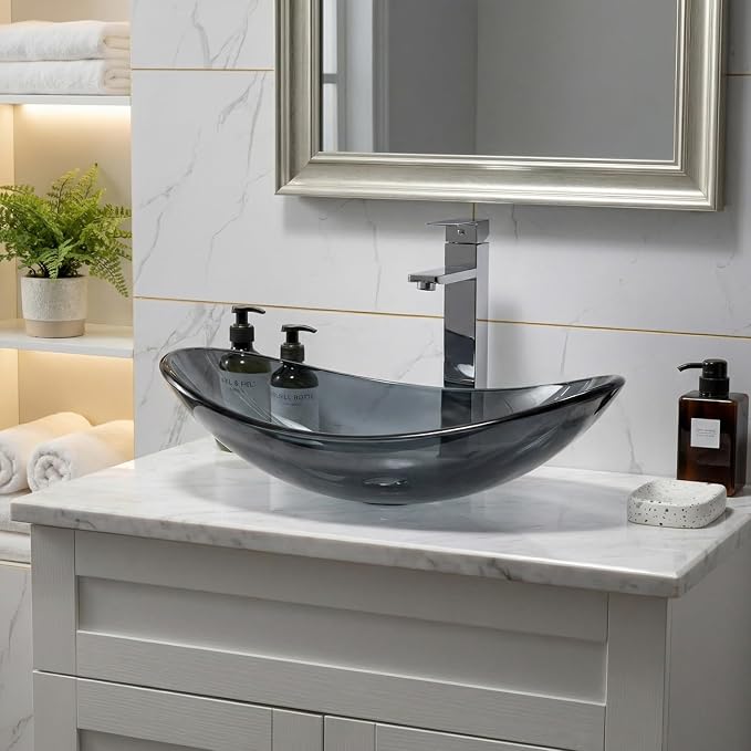 Bathroom Boat Shape Artistic Glass Vessel Sink, Bluish Grey | Chrome Faucet and Drain Set