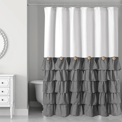 Seasonwood White and Gray Shower Curtain 72 x 72 with Nature Buttons Shabby Chic Shower Curtain French Country Style Modern Farmhouse Shower Curtains 72" x 72", Grey and White