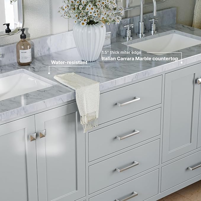 ARIEL Cambridge 72-inch Bathroom Vanity with Sink,Solid Wood, 1.5-inch Italian Carrara Marble Countertop, Double Rectangular Porcelain Sink, 4 Soft Closing Doors, 6 Dovetail Drawers, Grey