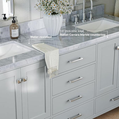 ARIEL Cambridge 72-inch Bathroom Vanity with Sink,Solid Wood, 1.5-inch Italian Carrara Marble Countertop, Double Rectangular Porcelain Sink, 4 Soft Closing Doors, 6 Dovetail Drawers, Grey