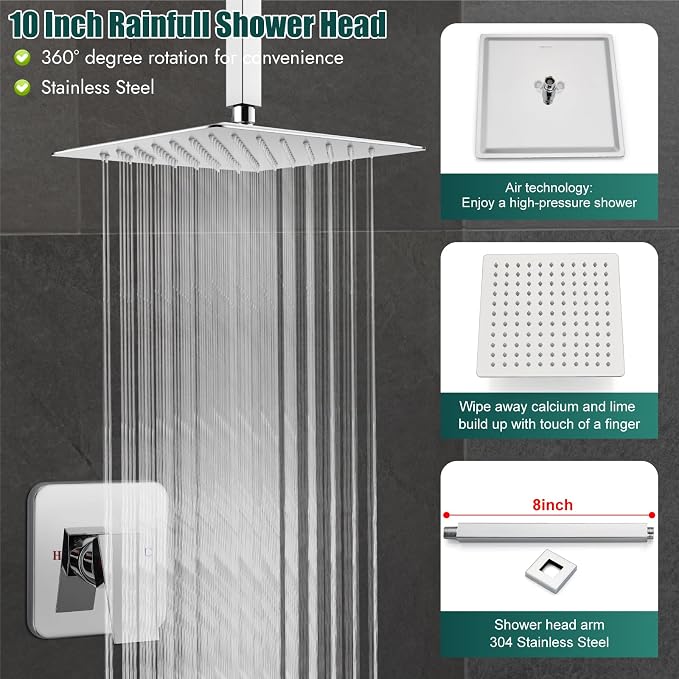 Heyalan 10-Inch Ceiling Mount Shower Faucet Set with Valve, Polish Chrome | Rainfall shower head, ceiling-mount design, SUS304 steel, adjustable angle, single-handle control