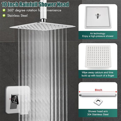 Heyalan 10-Inch Ceiling Mount Shower Faucet Set with Valve, Polish Chrome | Rainfall shower head, ceiling-mount design, SUS304 steel, adjustable angle, single-handle control