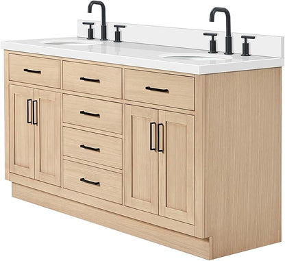 ARIEL Hepburn 66-inch Bathroom Vanity with Sink,Solid Wood, 1.5-inch Pure White Quartz Countertop & Backsplash, Double Oval Porcelain Sink, 4 Soft Closing Doors, 6 Dovetail Drawers, White Oak