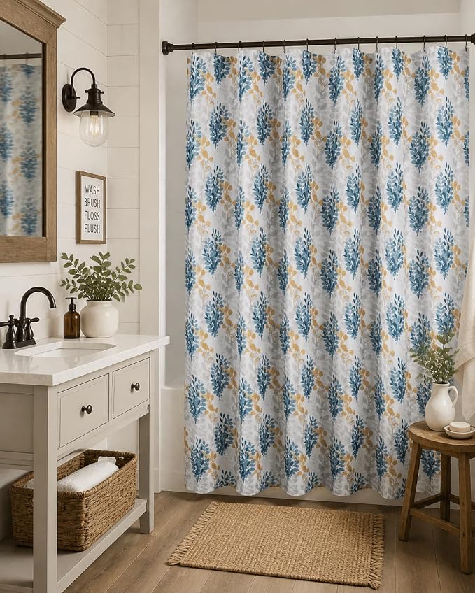 Serafina Home Hotel Quality Fabric Bathroom Shower Curtain: Floral Leaf Damask - Blue, Teal, Yellow, Grey and White (72 x 70 inches)