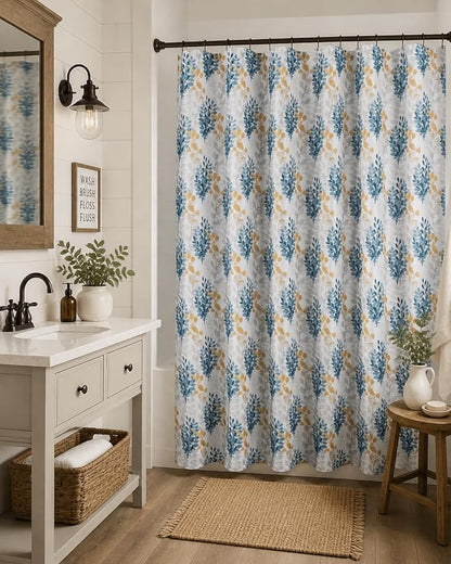 Serafina Home Hotel Quality Fabric Bathroom Shower Curtain: Floral Leaf Damask - Blue, Teal, Yellow, Grey and White (72 x 70 inches)