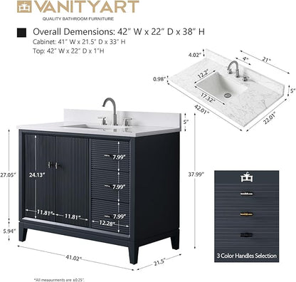 Vanity Art 42" Bathroom Vanity with Single Sink & Arabescato White Engineered Stone Top, Soft Closing Door, Solid Wood Frame, Golden Brushed Handles, Vintage Spruce Blue VA8142-VSB-GB
