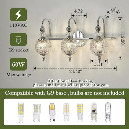 Modern Bathroom Light Fixtures Polished Chrome Vanity Light with Glass Globe LampShade 3 Lights Mid Century G9 Bulb Wall Sconce Indoor Vanity Light Over Mirror for Bedroom Kitchen Hallway