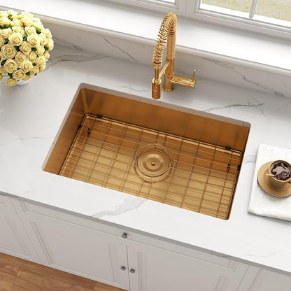 Kitsitchen Gold RV Kitchen Sink 25 x 16, Stainless Steel Single Bowl | 16 Gauge T304 Material Undermount Kitchen Sink, 7" Deep, with Strainer & Bottom Gird,for Outdoor, Bar, Laundry Room and RV