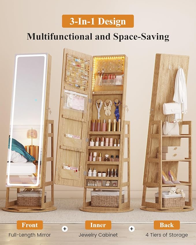 LVSOMT Standing Jewelry Cabinet Mirror with Adjustable LED Light Wood | 63" Lockable Jewelry Armoire Organizer with 4 Rear Shelves & Hooks, 360° Swivel, for Bedroom, Living Room, Women Girls Gift