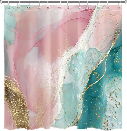 HVEST Abstract Marble Shower Curtain Set Pink and Gold Abstract Marble Bathroom Sets with Shower Curtain and Rugs,Modern Minimalist Bathroom Curtain Bathroom Decor Sets,70L X 70W inches