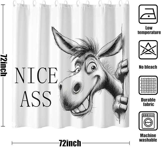 Funny Donkey Shower Curtain Rustic Farmhouse Shower Curtains for Bathroom Black and White Grin Donkey Fun Cute Animal Wildlife Waterproof Fabric Bath Curtain Decor 72 X 72 Inch