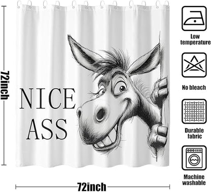 Funny Donkey Shower Curtain Rustic Farmhouse Shower Curtains for Bathroom Black and White Grin Donkey Fun Cute Animal Wildlife Waterproof Fabric Bath Curtain Decor 72 X 72 Inch