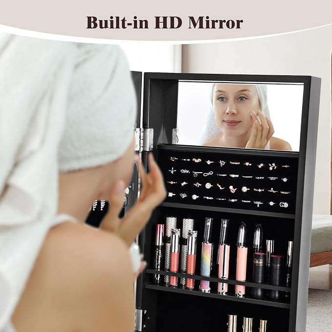 Moccha 18 LEDs Standing Jewelry Armoire, Large Lockable Jewelry Organizer, Mirrored Jewelry Cabinet with Full Length Mirror, 1 Inside Makeup Mirror, 4 Storage Shelves, 16 Lipstick Holders, Black