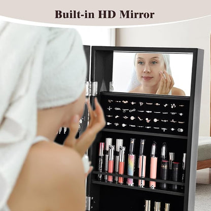 Moccha 18 LEDs Standing Jewelry Armoire, Large Lockable Jewelry Organizer, Mirrored Jewelry Cabinet with Full Length Mirror, 1 Inside Makeup Mirror, 4 Storage Shelves, 16 Lipstick Holders, Black