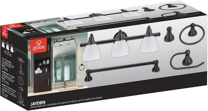 Globe Electric 51227 Jayden 5-Piece All-In-One Bathroom Set, Oil Rubbed Bronze, 3-Light Vanity Light with Frosted Glass Shades, Towel Bar, Toilet Paper Holder, Towel Ring, Robe Hook, Bulb Not Included