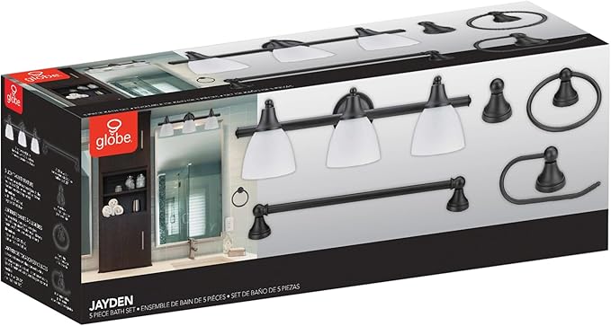 Globe Electric 51227 Jayden 5-Piece All-In-One Bathroom Set, Oil Rubbed Bronze, 3-Light Vanity Light with Frosted Glass Shades, Towel Bar, Toilet Paper Holder, Towel Ring, Robe Hook, Bulb Not Included