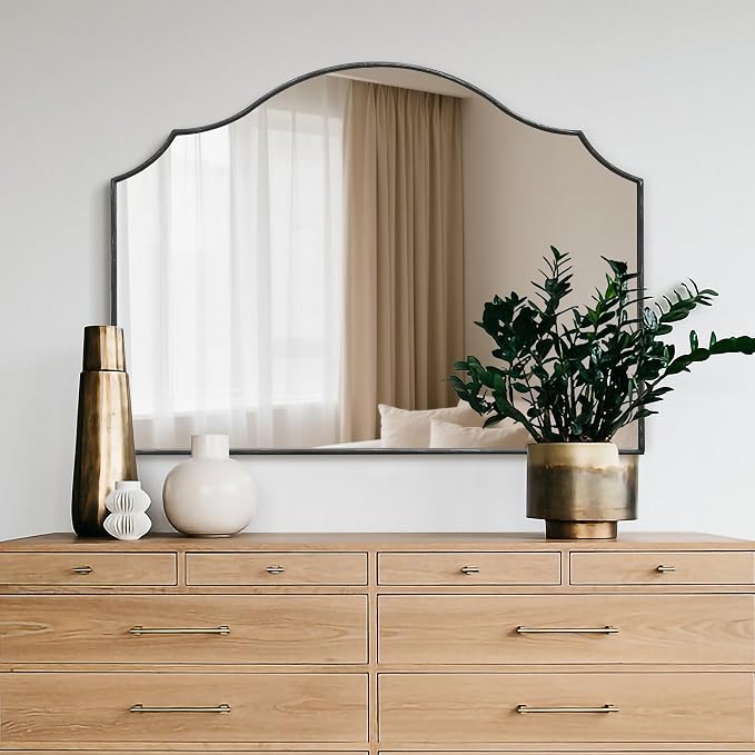 Besdomus Black Scalloped Wall Mirror: 40"x29" Large Wooden Bathroom Mirror | Modern Minimalist Decorative Arched Mirror for Vanity/Dresser/Bedroom/Entryway/Fireplace/Living Room/Dining Room/Over Sink