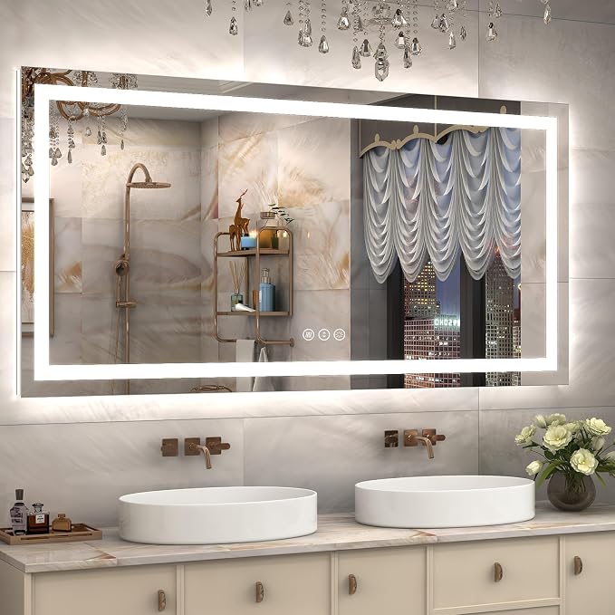 60x30 LED Lighted Bathroom Mirror for Vanity Wall | Front Light and Backlit, Anti-Fog, Memory, 3 Color, Tempered Glass, Dimmable, Rectangular, UL, Horizontal/ Vertical Mounted