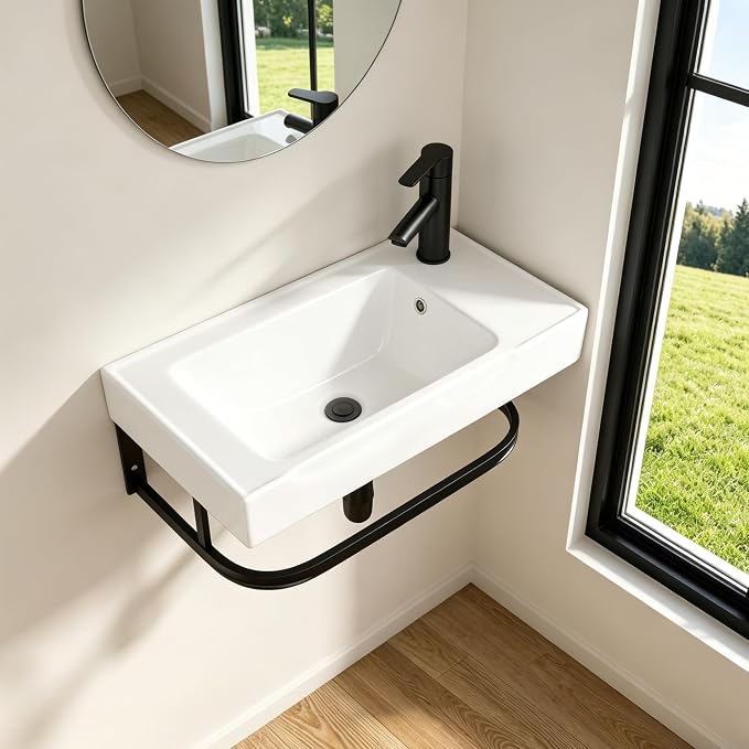 Logmey 19 Inch Wall Mount Bathroom Sink 19.69"x11.42" Rectangule Floating Sinks White Porcelain Ceramic Wall Mounted Vessel Sink Wash Hand Basin with Towel Rack