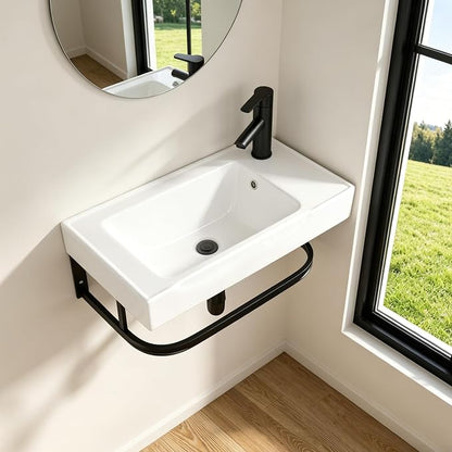 Logmey 19 Inch Wall Mount Bathroom Sink 19.69"x11.42" Rectangule Floating Sinks White Porcelain Ceramic Wall Mounted Vessel Sink Wash Hand Basin with Towel Rack