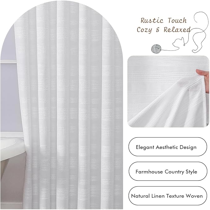 White Shower Curtain 78 Inch Long, Boho Farmhouse Thick Striped Fabric Hotel Shower Curtain with Tassel, Minimalist Textured Weighted Machine Washable Bathroom Decor, 72Wx78L Inches