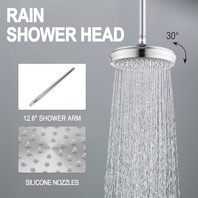 Enga Antique Shower Faucet Sets Dual Heads with Tub Spout 8" Ceiling & 6" Wall Mount Vintage Shower Head Handheld Spray Combo, 4 Way Diverter Brass Rough in with Trim Kit, Brushed Nickel