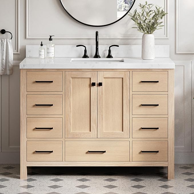 Beckford 48-Inch Oak Bathroom Vanity with Sink, 1.5-Inch Carrara White Quartz Countertop & 4-Inch Backsplash, 2 Soft-Closing Doors, 9 Dovetail Drawers, Matte Black Hardware