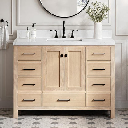 Beckford 48-Inch Oak Bathroom Vanity with Sink, 1.5-Inch Carrara White Quartz Countertop & 4-Inch Backsplash, 2 Soft-Closing Doors, 9 Dovetail Drawers, Matte Black Hardware
