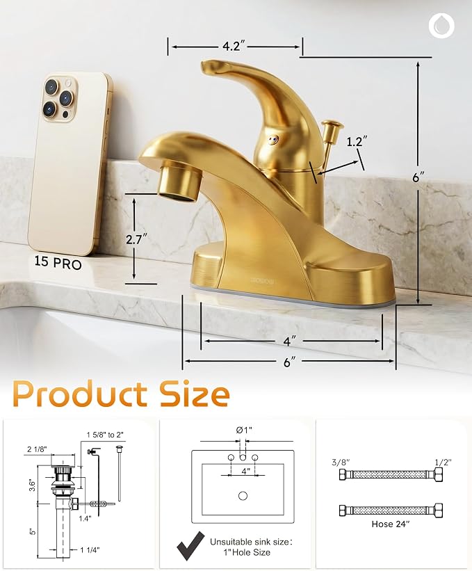 WOWOW 4 Inch Bathroom Faucet Single Handle Faucet for Bathroom Sink Brushed Gold Vanity Tap with Lift Rod Drain Assembly, Rv Lavatory Taps 3 Hole
