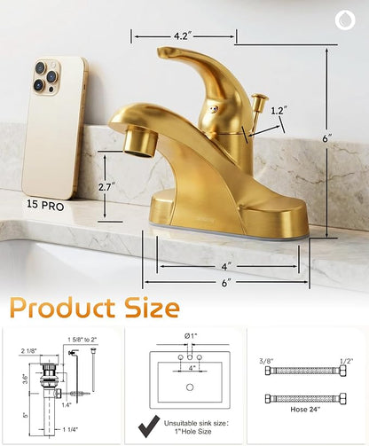 WOWOW 4 Inch Bathroom Faucet Single Handle Faucet for Bathroom Sink Brushed Gold Vanity Tap with Lift Rod Drain Assembly, Rv Lavatory Taps 3 Hole
