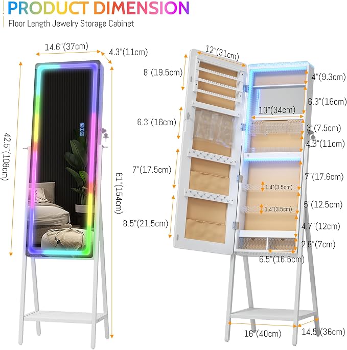 LVSOMT 14 RGB LED Mirror Jewelry Cabinet, Large Jewelry Armoire Standing | Lockable Full Length Mirror with Jewelry Storage, Space-Saving Jewelry Organizer Mirror, 14 RGB Lights, White