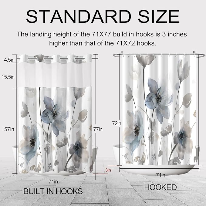 No Hook Shower Curtain and Liner Set, Blue Grey Boho Floral 71x77 | Watercolor Boho Flower, with Snap in Liner, Waterproof, Machine Washable, Quick-Drying, for Hotel Bathroom