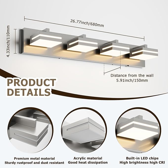 Joossnwell Bathroom Vanity Light Brushed Nickel Bathroom Lighting Fixture Over Mirror Modern (4-Light, 26.77-Inch) Dimmable 5CCT Led Bath Vanity Lighs