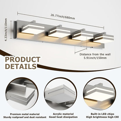 Joossnwell Bathroom Vanity Light Brushed Nickel Bathroom Lighting Fixture Over Mirror Modern (4-Light, 26.77-Inch) Dimmable 5CCT Led Bath Vanity Lighs