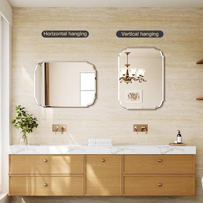 Beveled Scalloped Frameless Bathroom Mirror, 24" x 36" Beveled Bathroom Mirrors with Rectangle Shaped, Frameless Vanity Mirror for Over Sink, Fireplace, Entryway, Restroom
