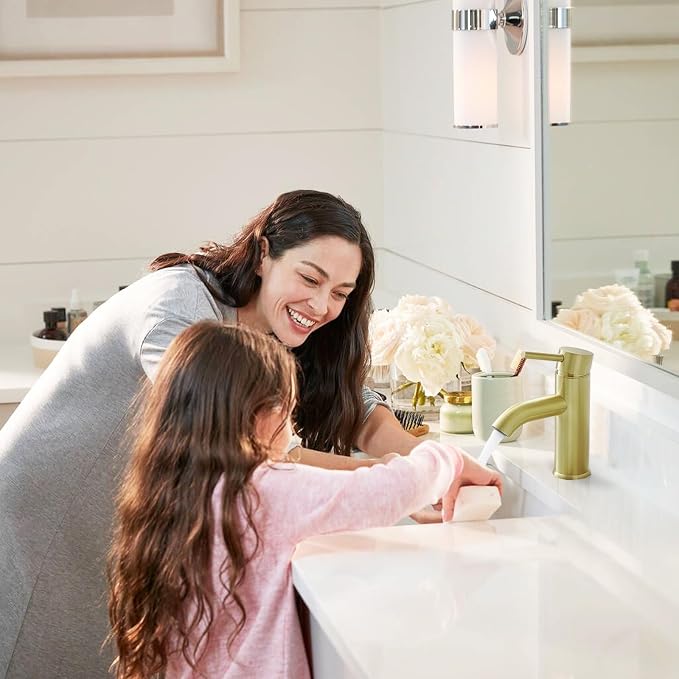 Bathroom Faucet Brushed Gold Modern Bathroom Sink Faucet, Single Handle Faucet for Sink, Vanity, RV, Lavatory, Suitable for 1 or 3 Holes, with Supply Deck Plate and Hose
