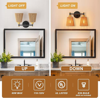 2-Light Bathroom Vanity Light, Boho Bathroom Light Fixtures Over Mirror Rattan Vanity Lighting Fixtures with Hand-Woven Lampshade Rustic Style Wall Sconce for Bedroom Living Room