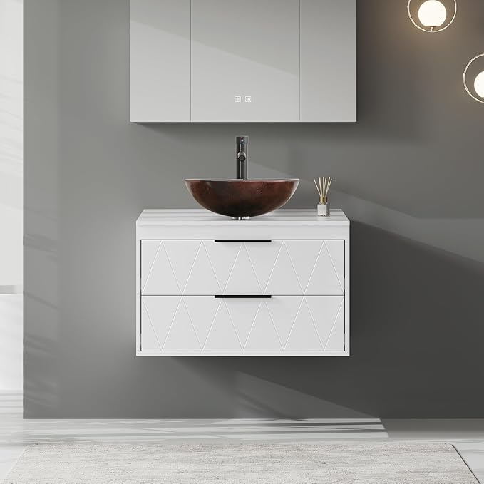 eclife 30" Floating Bathroom Vanities with Sink Combo, Wall Mounted Modern Cabinet W/Diamond Line Pattern Design, Brown Round Glass Vessel Sink W/Water Save Faucet & Pop Up Drain, White