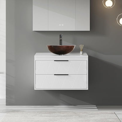 eclife 30" Floating Bathroom Vanities with Sink Combo, Wall Mounted Modern Cabinet W/Diamond Line Pattern Design, Brown Round Glass Vessel Sink W/Water Save Faucet & Pop Up Drain, White