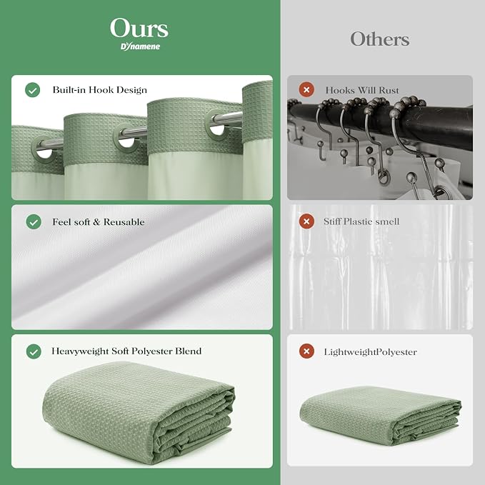 Sage Green Hook Free Waffle Shower Curtain & Snap-in Liner,36x75 | Less Time to install, 3 in 1 Fabric Shower Curtain and Liner Set with Magnets, Stall, Shower Curtains for Bathroom