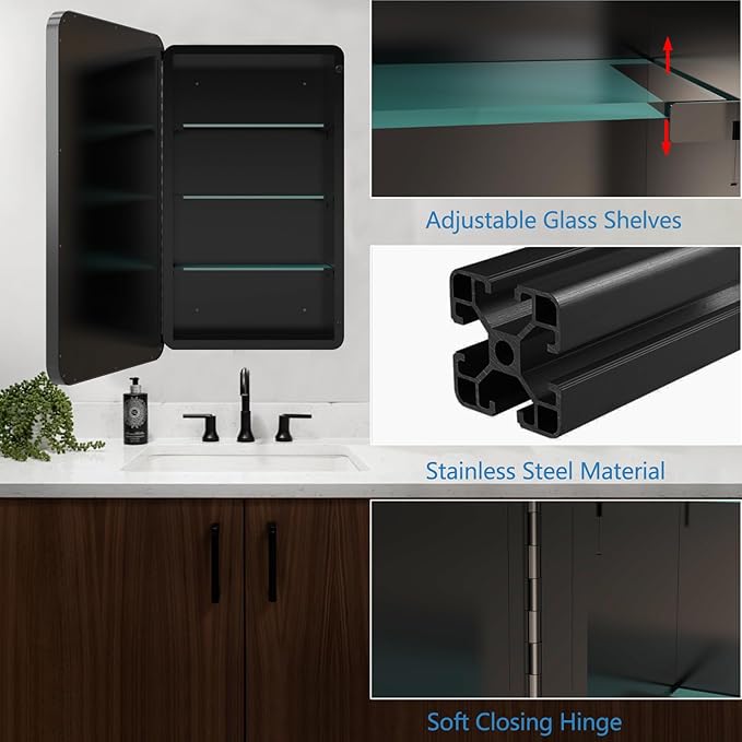 Medicine Cabinet with Mirror, 20x26 Inch Black Bathroom Mirrored Cabinet, Metal Framed Wall Cabinet with Mirror, Modern Surface Mount or Recessed Medicine Cabinet with Storage