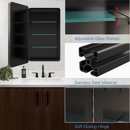 Bathroom Medicine Cabinet with 20x30 Inch Black Framed, Wall Cabinet with Mirror, Modern Surface Mount or Recessed Mounted, Medicine Cabinet with Storage for Bathroom